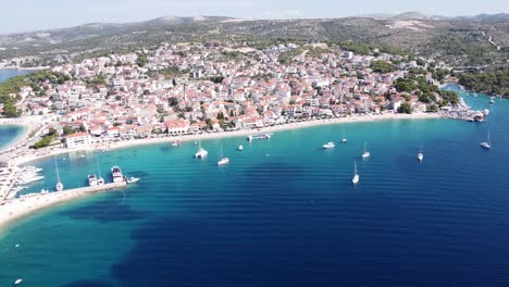 Primosten,-Dalmatia,-Croatia---Aerial-Drone-View-of-Yachts,-Boats,-Beaches-and-Village