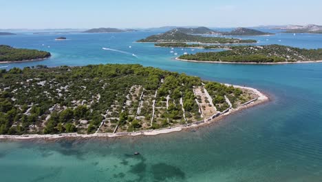 Murter-Kornati-Islands-in-Dalmatia,-Croatia---Aerial-Drone-View-of-Islands-and-Sailing-Boats