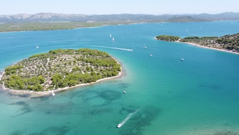 Murter-Kornati-Islands-in-Dalmatia,-Croatia---Aerial-Drone-View-of-Island-and-Sailing-Boats