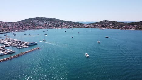 Murter-Kornati-Village-at-Murter-Island,-Dalmatia,-Croatia---Aerial-Drone-View-of-Harbor-with-Boats-and-Yachts