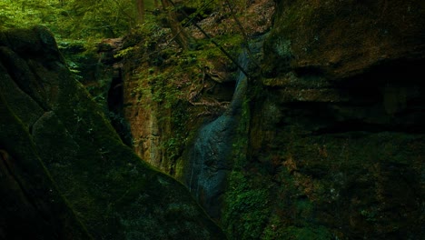 Side-view-of-a-small-waterfall-trickling-down-a-ledge-surrounded-by-moss-and-fern-covered-rocks