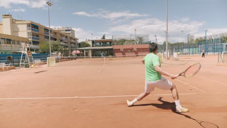 Tennis-player-man-hit-ball-with-strength-and-power,-rear-view-slow-motion