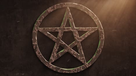 High-quality-dramatic-motion-graphic-of-a-Satanic-pentacle-icon-symbol,-rapidly-eroding-and-rusting-and-decaying,-with-warm-atmospheric-light-rays-and-dust-motes