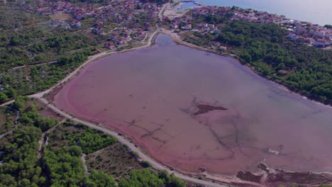 Unique-pink-lake-in-Europe,-Zablace-peninsula,-aerial