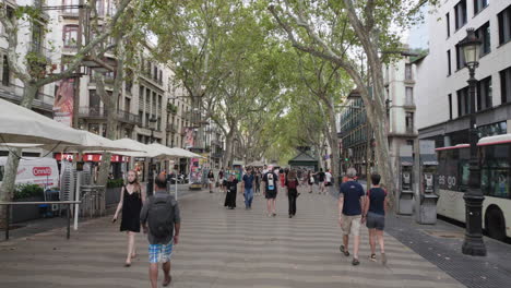 Menschen,-Die-An-Der-Straße-La-Rambla-Im-Zentrum-Von-Barcelona-In-Spanien-Spazieren-Gehen