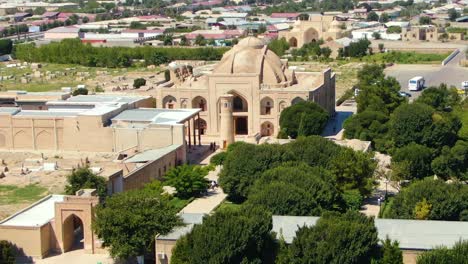 Aerial-View-Of-Baha-ud-din-Naqshband-Bokhari-Memorial-Complex-With-Gravestone-In-Background-In-Bukhara,-Uzbekistan
