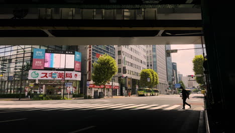 Tokyo-Pedestrians-Walking-In-A-Crosswalk-With-Passing-Train-Overhead
