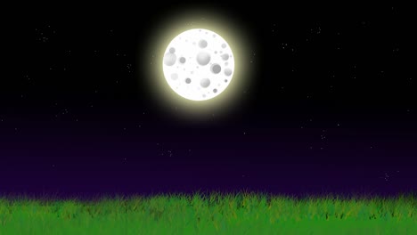 Grünes-Gras-Landschaft-Sternenklarer-Nachthimmel-Animation-Glühender-Mond-Bildungslerninformationsszene