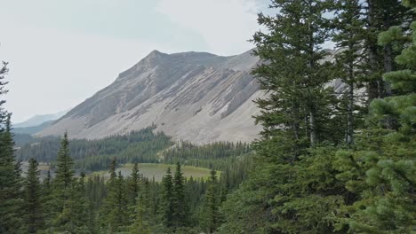 Mountain-pond-valley-forest-pan-Rockies-Kananaskis-Alberta-Canada