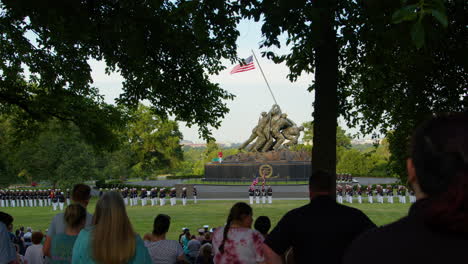 At-the-USMC-war-memorial-in-Arlington,-Virginia,-a-large-assembly-of-U