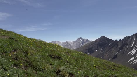 Mountain-range-pan-from-meadow-sunny,-Rockies,-Kananaskis,-Alberta-Canada