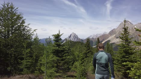 Hiker-walking-trough-pine-trees-descending-on-mountain-range-Rockies-Kananaskis-Alberta-Canada