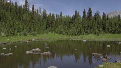 Mountain-pond-with-forest-mountain-range-pan-Rockies,-Kananaskis,-Alberta-Canada