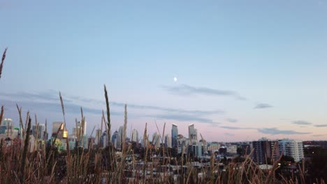 Skyline-Mit-Gras-Mit-Mond-Am-Abend-Rack-Fokus-Neigung-Calgary-Alberta-Kanada