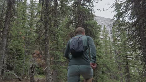 Hiker-in-forest-walking-skipping-Rockies-Kananaskis-Alberta-Canada
