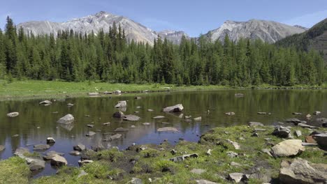 Mountain-pond-with-forest-mountain-range-Rockies-Kananaskis-Alberta-Canada