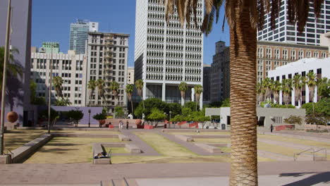 Pershing-Square,-a-small-public-park-located-in-downtown-Los-Angeles,-California