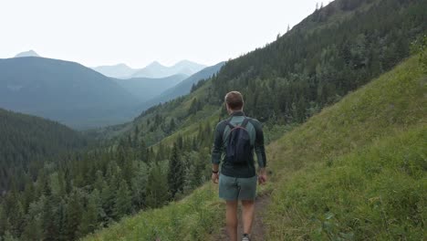 Hikers-walking-downhill-on-a-trail-in-high-altitude-Rockies-Kananaskis-Alberta-Canada