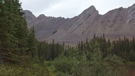 Trail-and-pond-in-mountain-forest-raining-Rockies-Kananaskis-Alberta-Canada