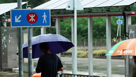 China,-Hong-Kong--August-11,-2022:-workers-with-umbrellas-walking-through-heavy-rain-on-their-way-to-work