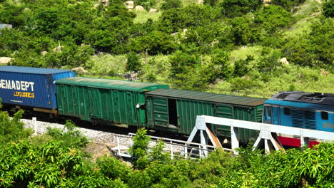Vietnamese-cargo-train-moving-through-green-vibrant-landscape,-distance-view