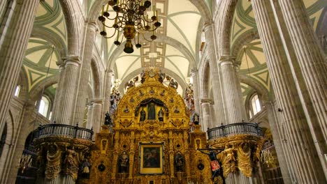 Inside-Metropolitan-Cathedral-Mexico-City-Church-Chandelier-Golden-Balcony-Gothic-Architecture-Construction-Historic-Center