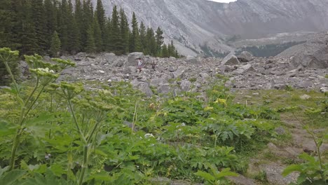 Excursionistas-En-Follaje-De-Nieve-Ligera-Acercándose-A-Rockies-Kananaskis-Alberta-Canada