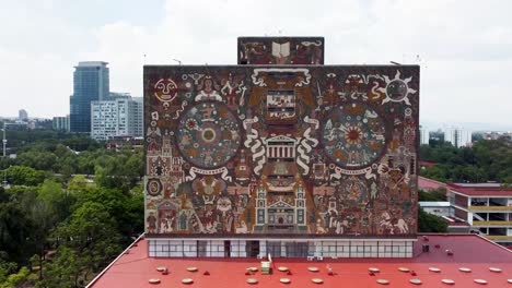 Revealing-UNAM-main-campus,-starting-from-close-up-at-central-library-mural