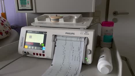 Moderne-Kardiotokographie-Von-Philips-Scannt-Den-Herzschlag-Des-Babys-Im-Krankenhaus,-Nahaufnahme---Medizinischer-Kardiotokographiescanner