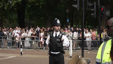 Ein-Polizist,-Der-Zuschaut,-Wie-Tausende-Von-Trauernden-Die-Straßen-Vor-Dem-Buckingham-Palace-Säumen,-Um-Nach-Dem-Tod-Von-Queen-Elizabeth-In-London-England-Ihren-Respekt-Zu-Erweisen