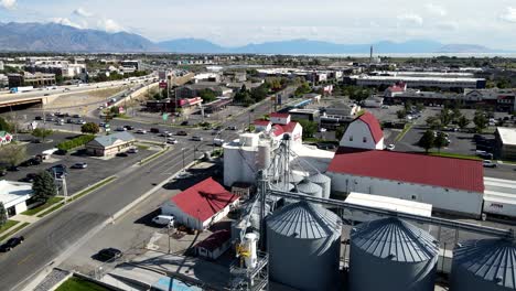 Lehi,-Roller-Mills-aerial-orbiting-reveal-of-the-Turkey-and-Peacock-Flour-signage-and-storage-silos