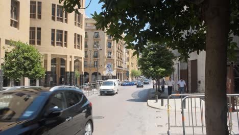 Beirut,-Lebanon---July-15th-2022---modern-area-in-Beirut-downtown,-cars,-people,-french-design-in-Beirut,-Lebanon