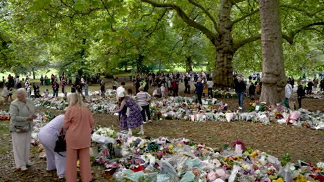 People-Visiting-Green-To-See-The-Floral-Tributes-For-Queen-Elizabeth-II-On-10-September-2022-In-Green-Park