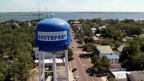 aerial-orbit-of-water-tower-in-southport-nc,-north-carolina