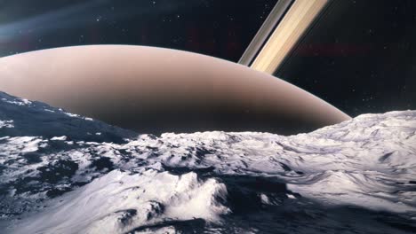 über-Die-Oberfläche-Eines-Mondes-Gleiten,-Der-Den-Gasriesen-Saturn-Umkreist