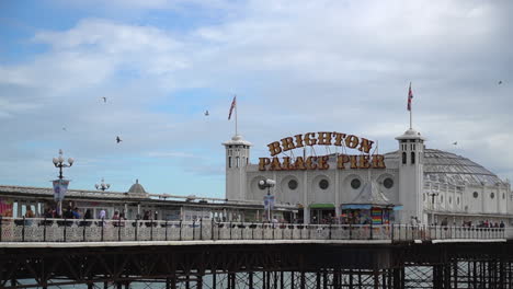 Tourists-and-seagulls-visit-Brighton,-UK-icon:-Brighton-Palace-Pier