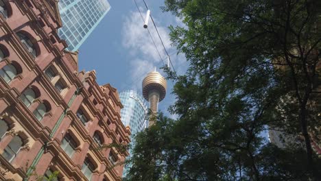 Sydney-Westfield-Tower,-JP-Morgan-and-heritage-skyscrapers-in-Sydney