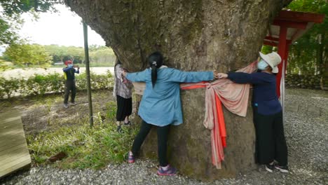 Asian-women-wearing-face-masks-and-hugging-a-giant-tree-beside-Chinese-temple