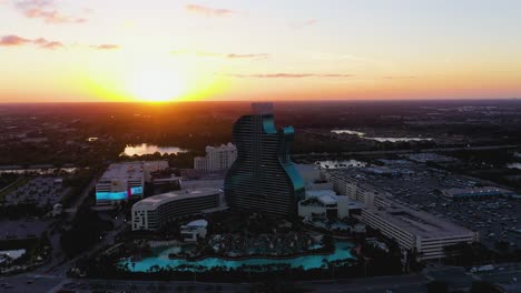 Seminole-Hard-Rock-Hotel-and-Casino,-sunny-evening-in-Florida,-USA---Aerial-view