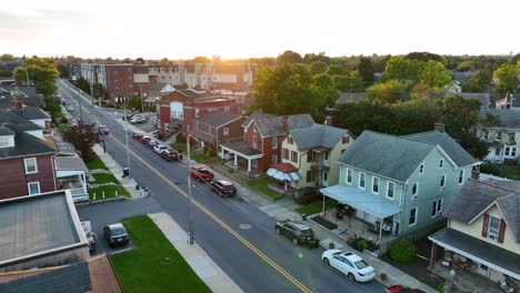 Small-town-America-aerial-establishing-shot-at-sunset