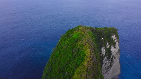 Beautiful-flyover-Nusa-Penida-Kelingking-cliff-with-stunning-blue-water-and-green-trees