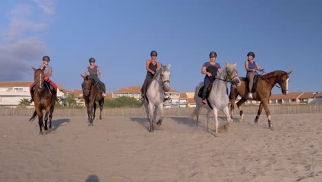Group-of-female-Equestrian-riding-horses-at-beach-in-slow-motion-during-sunlight-and-blue-sky---close-up