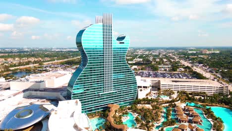 Aerial-View-of-Seminole-Hard-Rock-Guitar-Hotel-and-Casino-in-Hollywood,-Florida-USA,-Drone-Shot