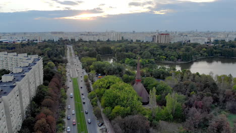 IOR-park-aerial-view-at-sunsest,-Bucharest,-Romania
