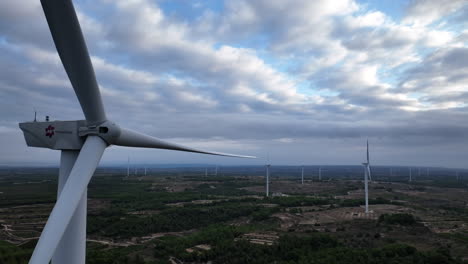 Close-up-view-of-inoperative-wind-turbine-in-windmill-park-of-Coll-de-Moro-in-Catalonia,-Spain