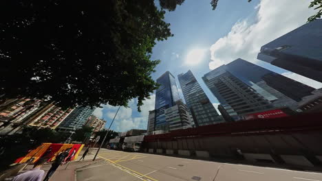 Low-angle-Hyperlapse-of-Kwun-Tong-Town-Centre-in-Yue-Man-Square,-Grand-Central-and-Millennium-City-5-in-Hong-Kong,-China