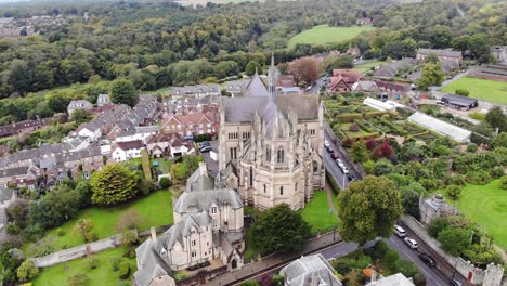 Drone-shot-of-Cathedral-of-Our-Lady-and-St-Philip-Howard-in-Arundel,-Kent,-UK