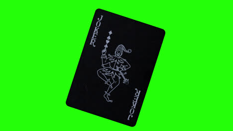 Shot-of-a-rotating-black-joker-card-with-a-sketched-joker-on-the-card-in-front-of-a-greenscreen
