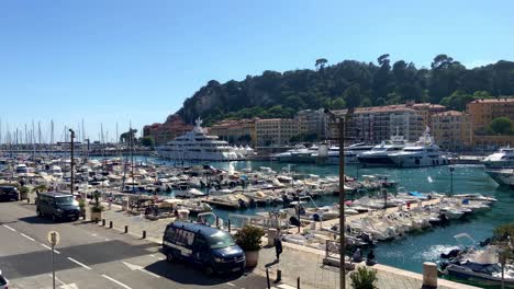 Boats-Moored-In-The-Port-Of-Nice,-France-During-Summer