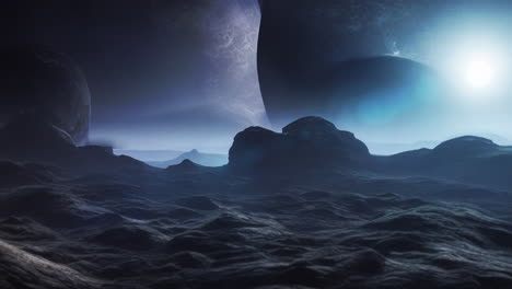 The-surface-of-an-alien-planet-landscape-with-rising-moon-and-planets